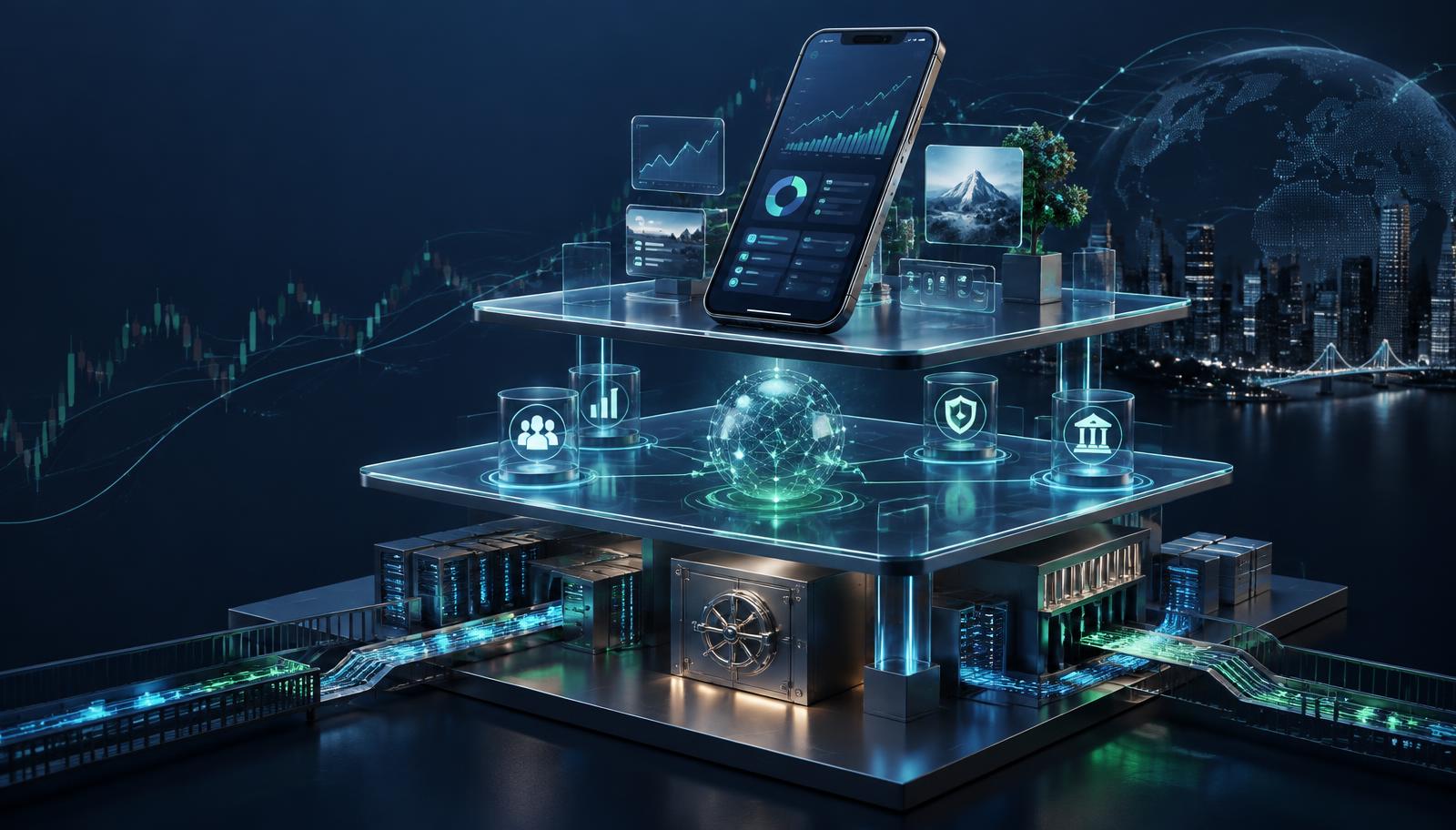 A three-layer fintech investment platform connecting a customer app, advisory oversight, and secure custody infrastructure