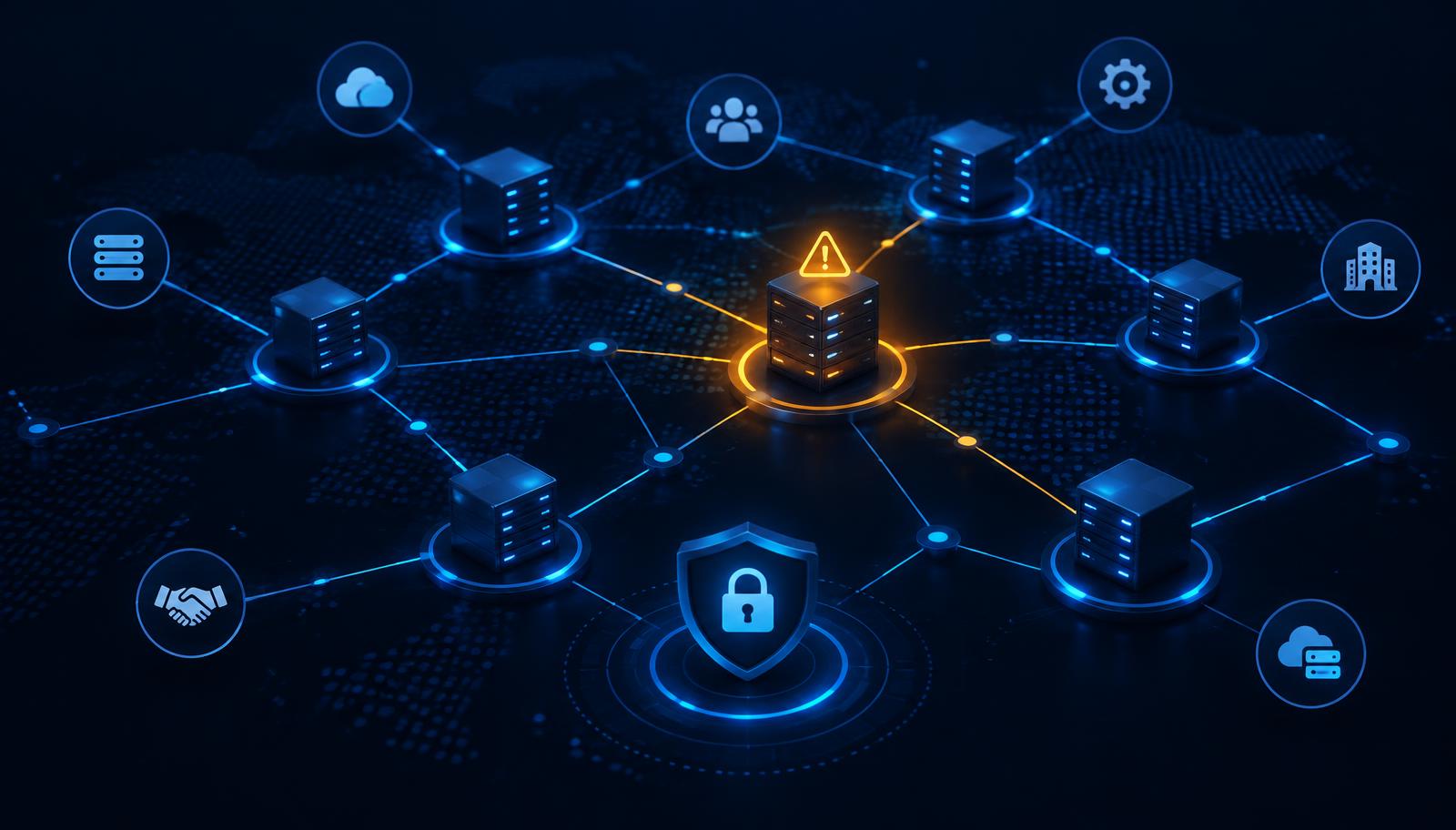 Network of vendor servers with one node flagged as a security risk