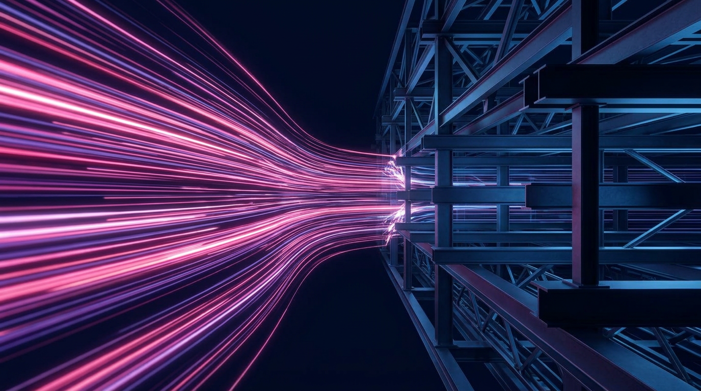 Fast light trails flowing into a solid engineered steel structure