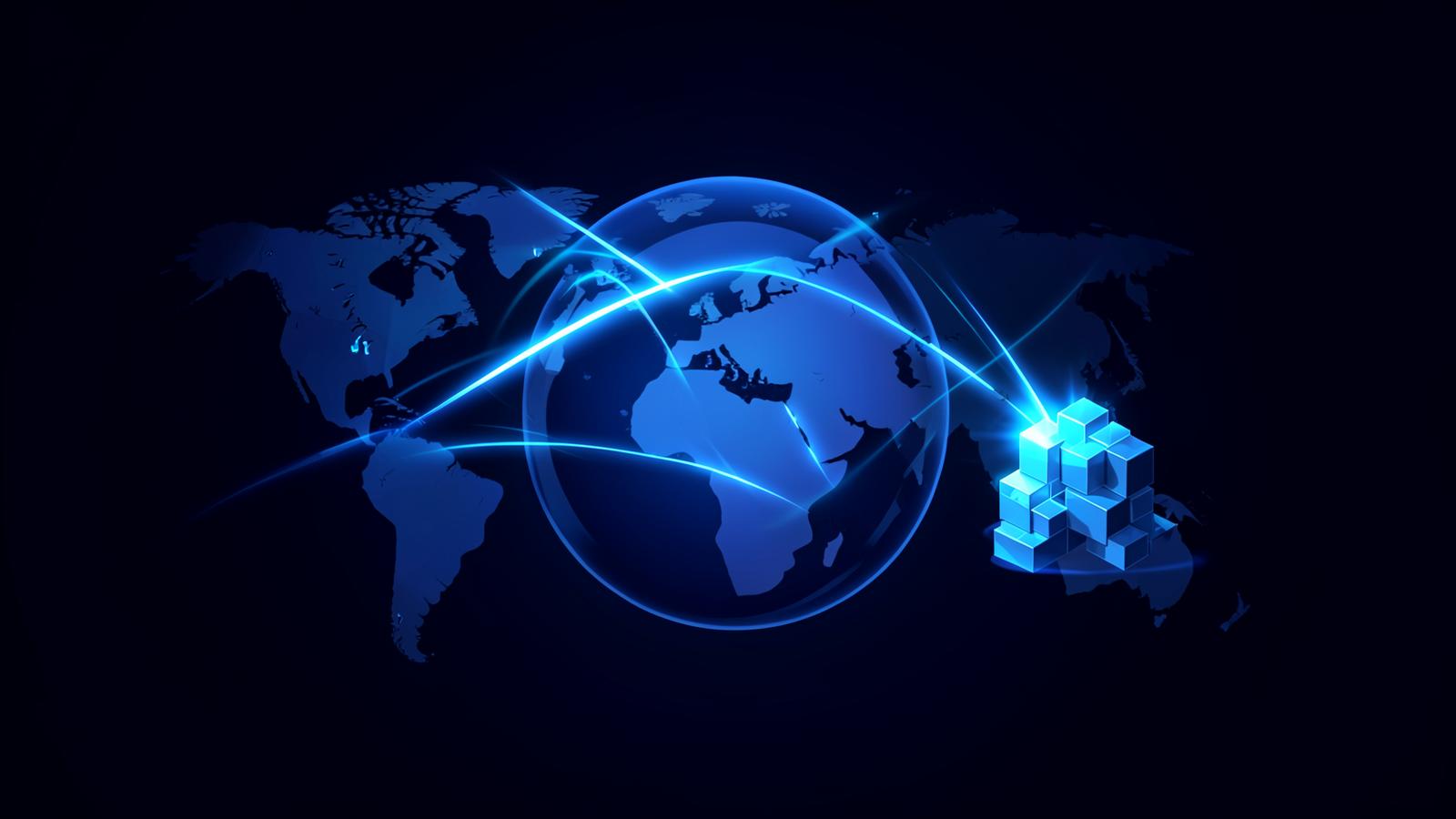 Abstract arcs of light crossing a globe into a stack of blocks, representing remittances becoming invested savings