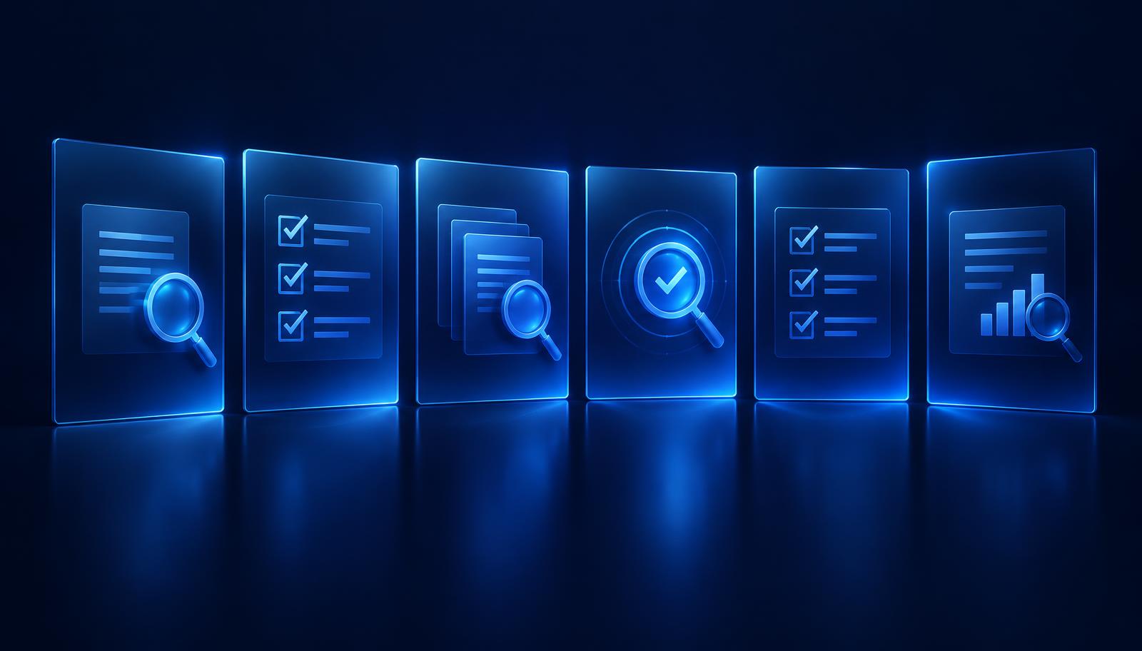 Six glowing review panels representing examination priority areas