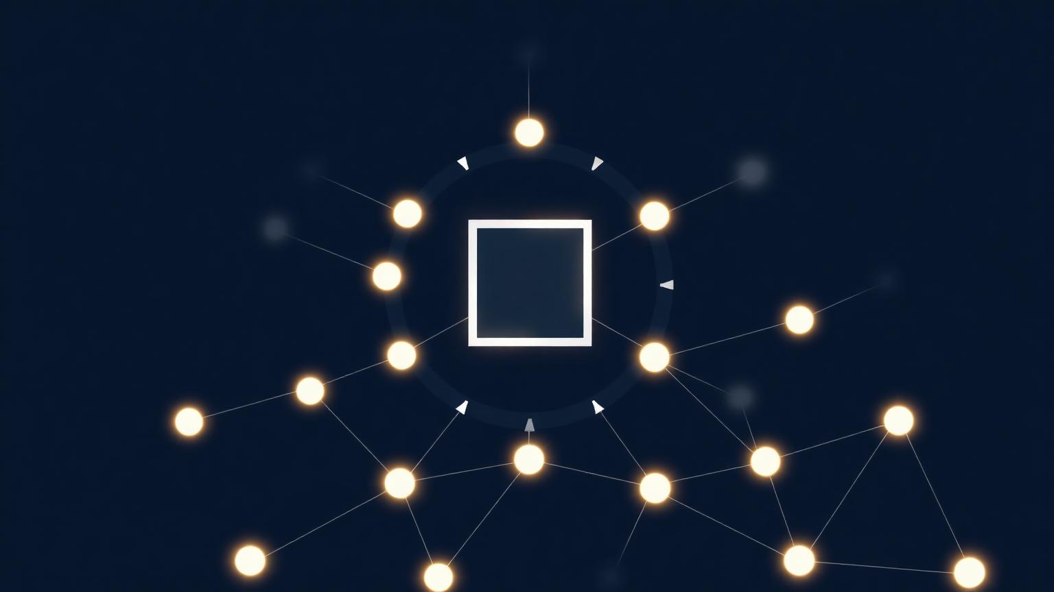 Abstract illustration of a square shape meeting a circular opening beside a connected network