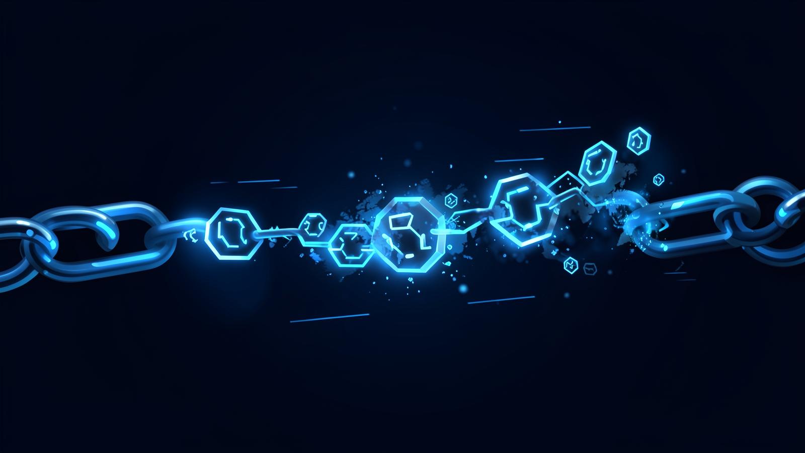 Abstract asset shapes dissolving into glowing tokens along a chain, representing tokenization of real world assets